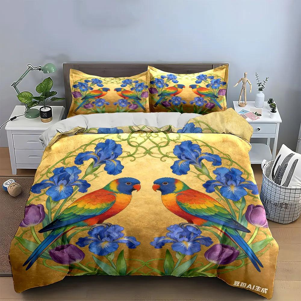 Buntes Papageien-Blumen-Set Dekoration Mehrere Größen Kinder- und Schlafzimmer für Erwachsene Exquisites 3-teiliges Bettwäsche-Set Geschenk