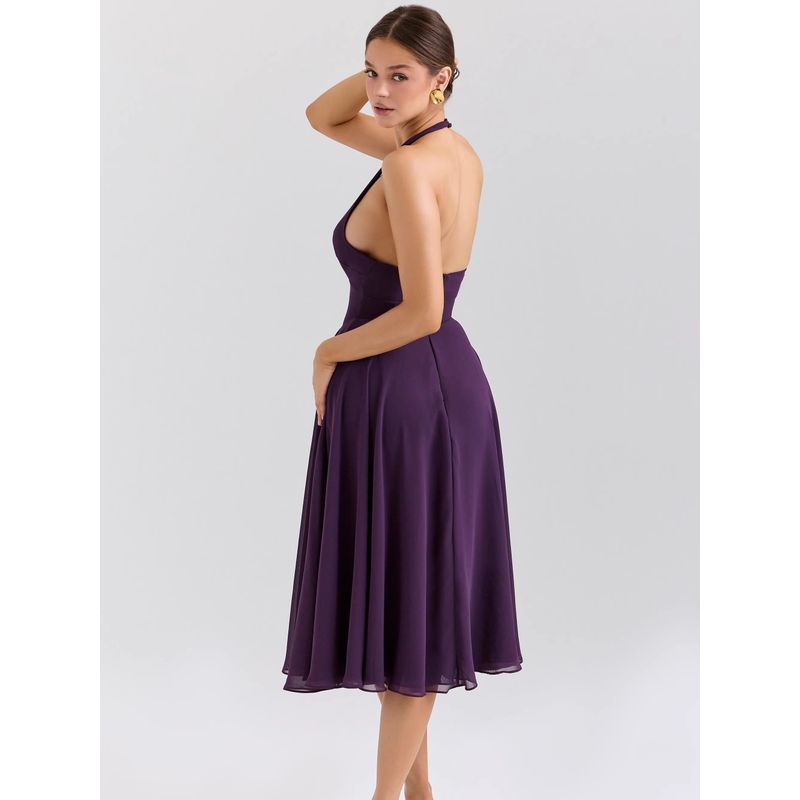 Iris Woolen House Same Style French Style Romantic Purple Temperament Sexy Deep V Backless Hanging Neck Sling Dress