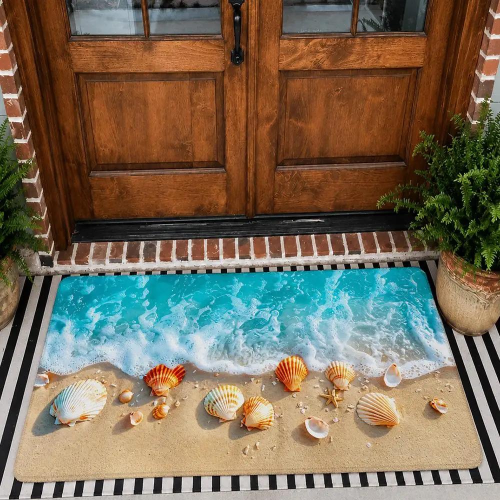 Ocean Waves Beach Shells Floor Mat Flannel Door Mat Non-Slip Washable Foam Entryway Rug for Bathroom Bedroom Entryway