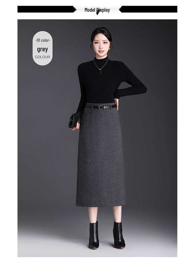 Chic High-Waisted Wool Blend Slit Skirt – 2026 Autumn/Winter Elegant Korean Style
