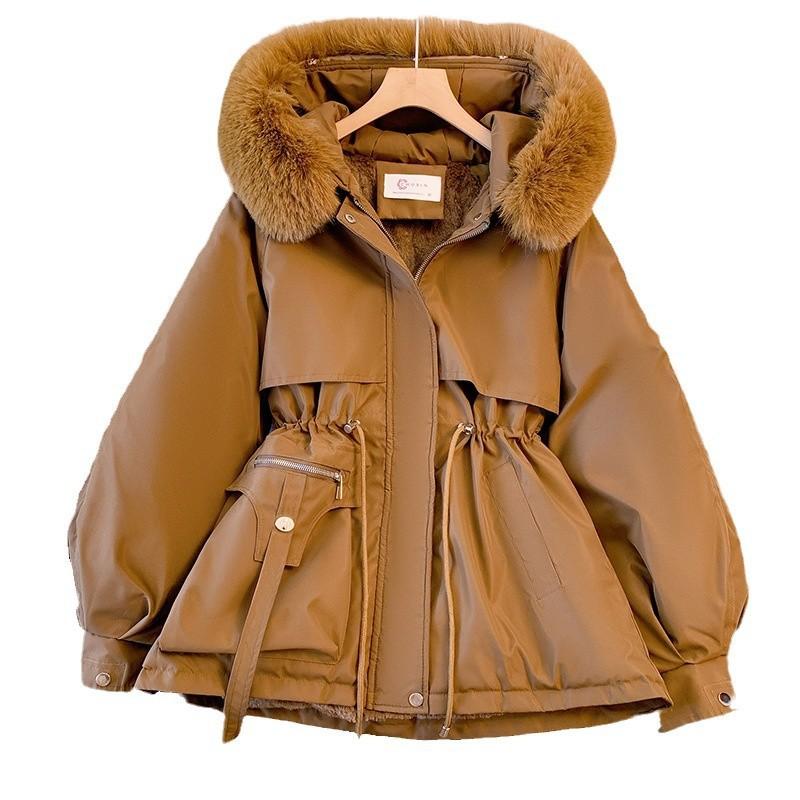Medium and Long Waist and Thin Hooded Large Fur Collar Velvet Cotton Clothes Large Size Korean Autumn and Winter Coat