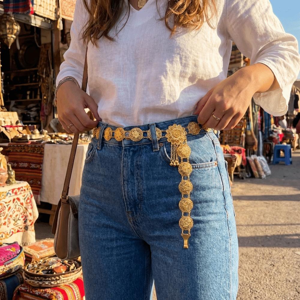 Golden Zinc Zinc Alloy Belly Chains Vintage Hollow Out Belt Water-Sprinkling Festival Waist Chain  Robe Belts