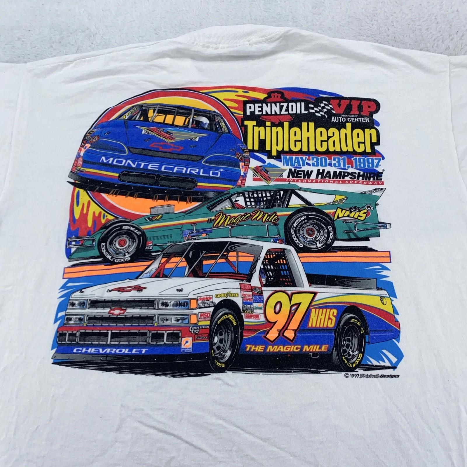 

Vintage Pennzoil TripleHeader T-Shirt L/XL NASCAR Racing New Hampshire 1997 S