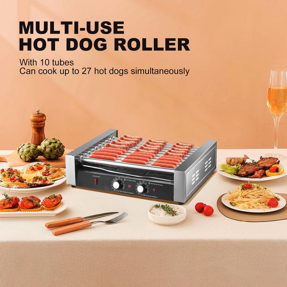 Commercial Hot Dog Roller 27 Hot Dogs 10 Rollers Electric Grill Roller Cooker 1700W Sausage Grill Cooker with Removable Oil Drip