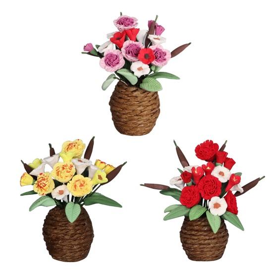 Dollhouse Potted Plant 1:12 Scale Hand-Kneaded Miniature Rattan Flower Pot with Lifelike Petals Leaf Veins Dollhouse Decor Accessory