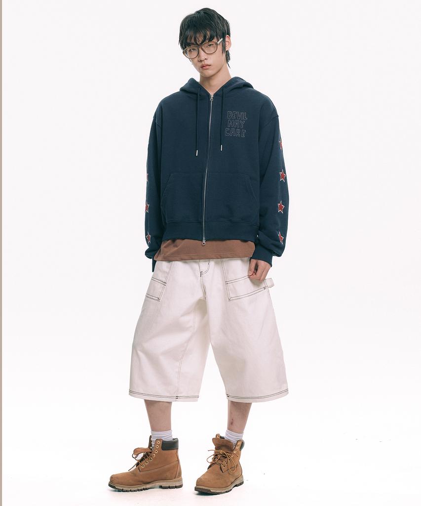 Moo Star Applique Zip-Up Hoodie - Navy