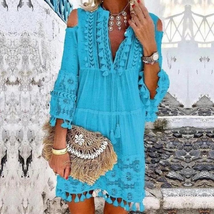 Off Shoulder Bohemian Maxi Dress Embroidered Lace Trim Fringe
