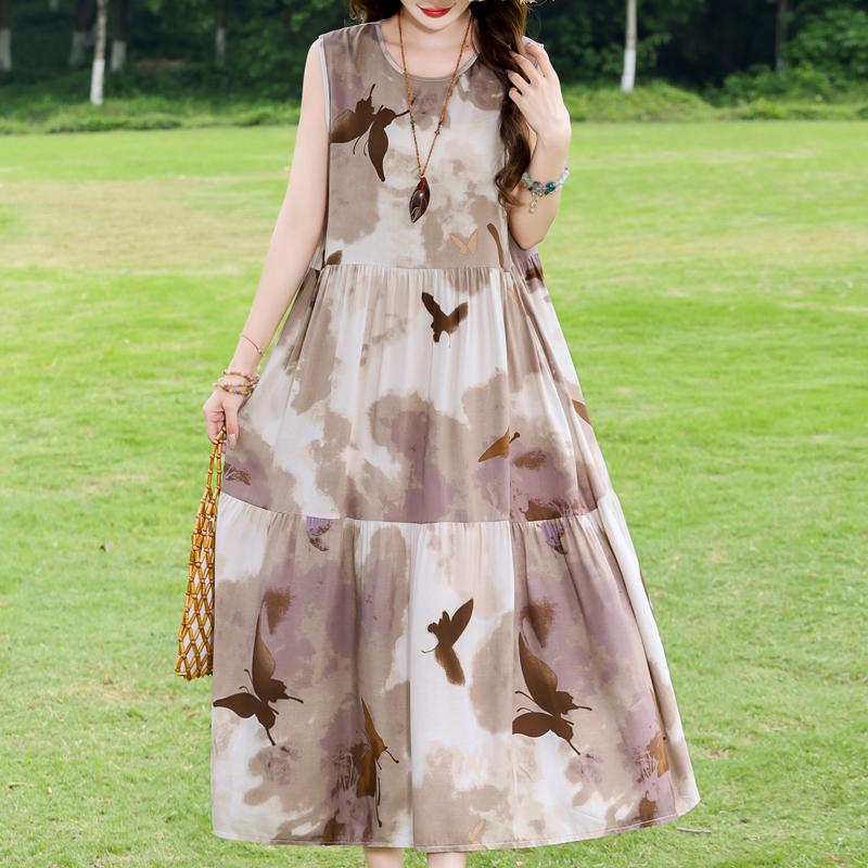 Elegant Sleeveless Dress for Women Plus Size Loose Vintage Print Long Dress Summer Middle-aged Women's Clothing