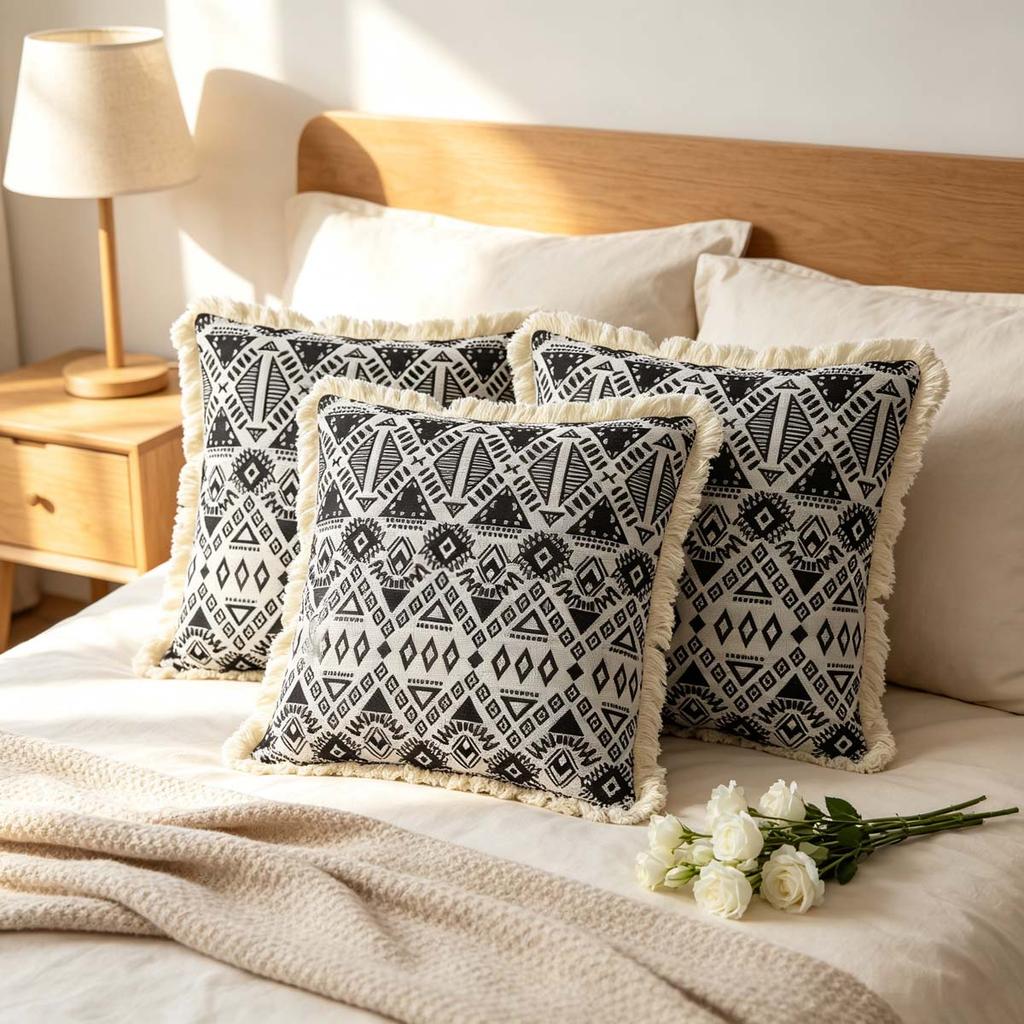 Indoor Living Room Sofa Balcony Outdoor Decorative Square Farmhouse Style Tassel Throw Pillow Covers