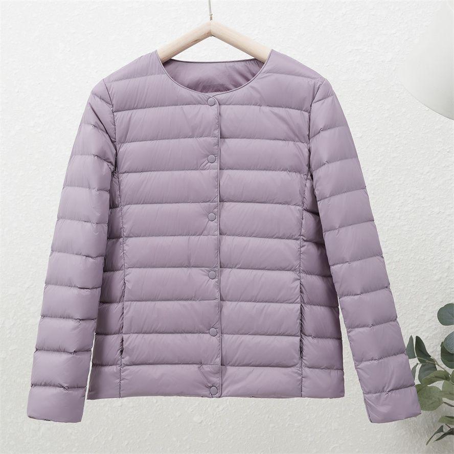 Warm Women's Duck Down Jacket Round Neck Collarless Plus Size Loose Fit Short Style Lightweight Autumn Winter Coat