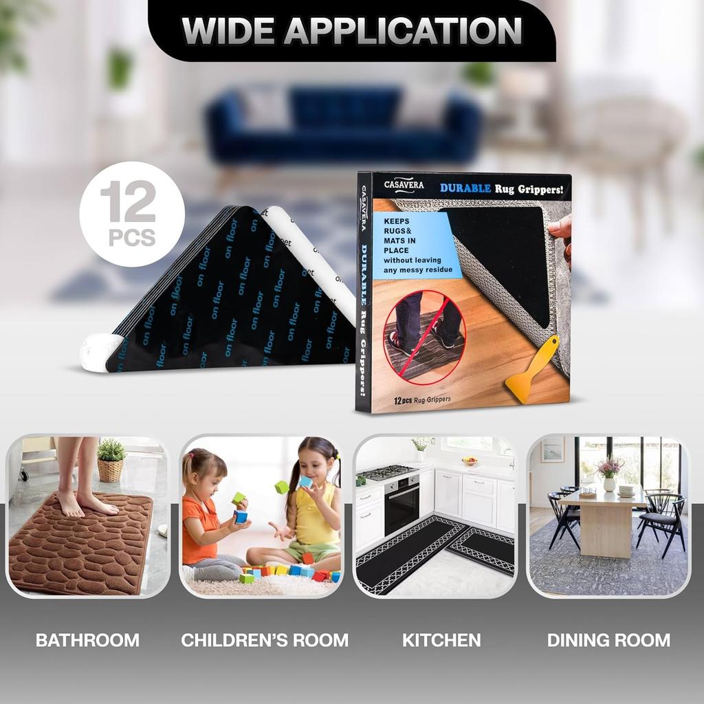 CASAVERA 12 Pcs Rug and Carpet Tape Grippers, Non-Slip, for Hardwood and Tile Floors, Durable Double-Sided Tape for Area Rugs, Adhesive Rug Stickers