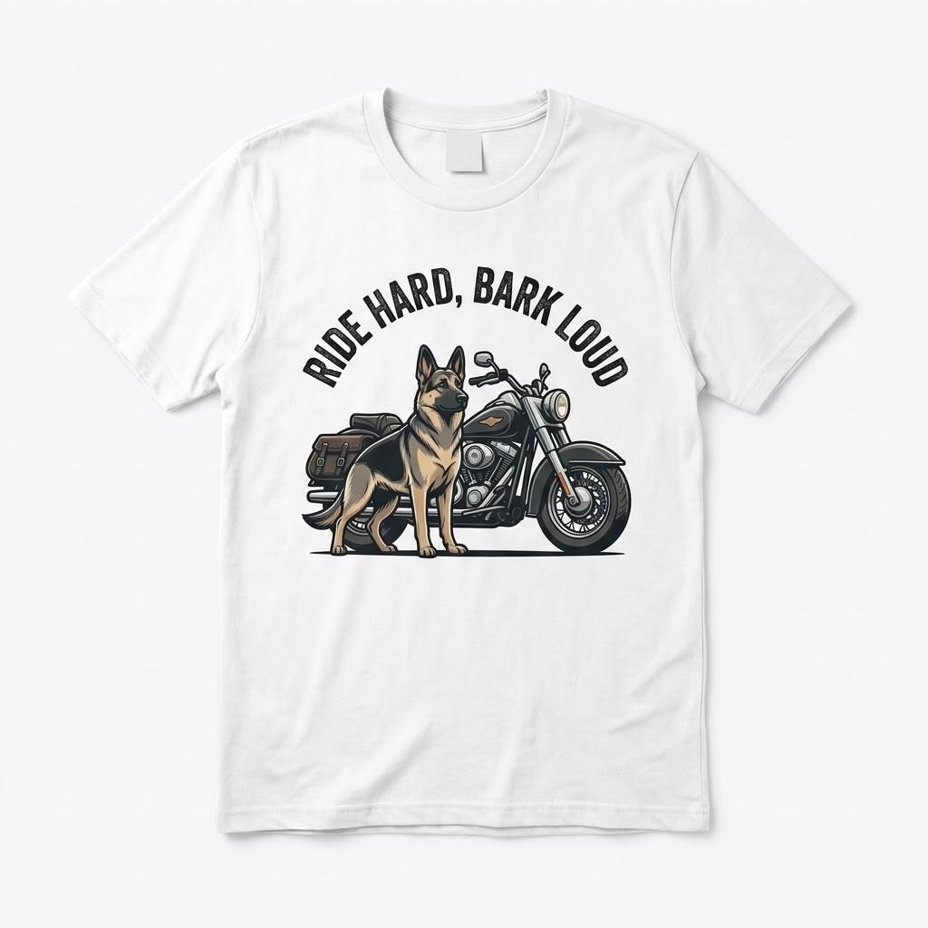 German Shepherd Motorcycle Shirt Ride Hard Bark Loud Biker Tee Unisex T-Shirt M