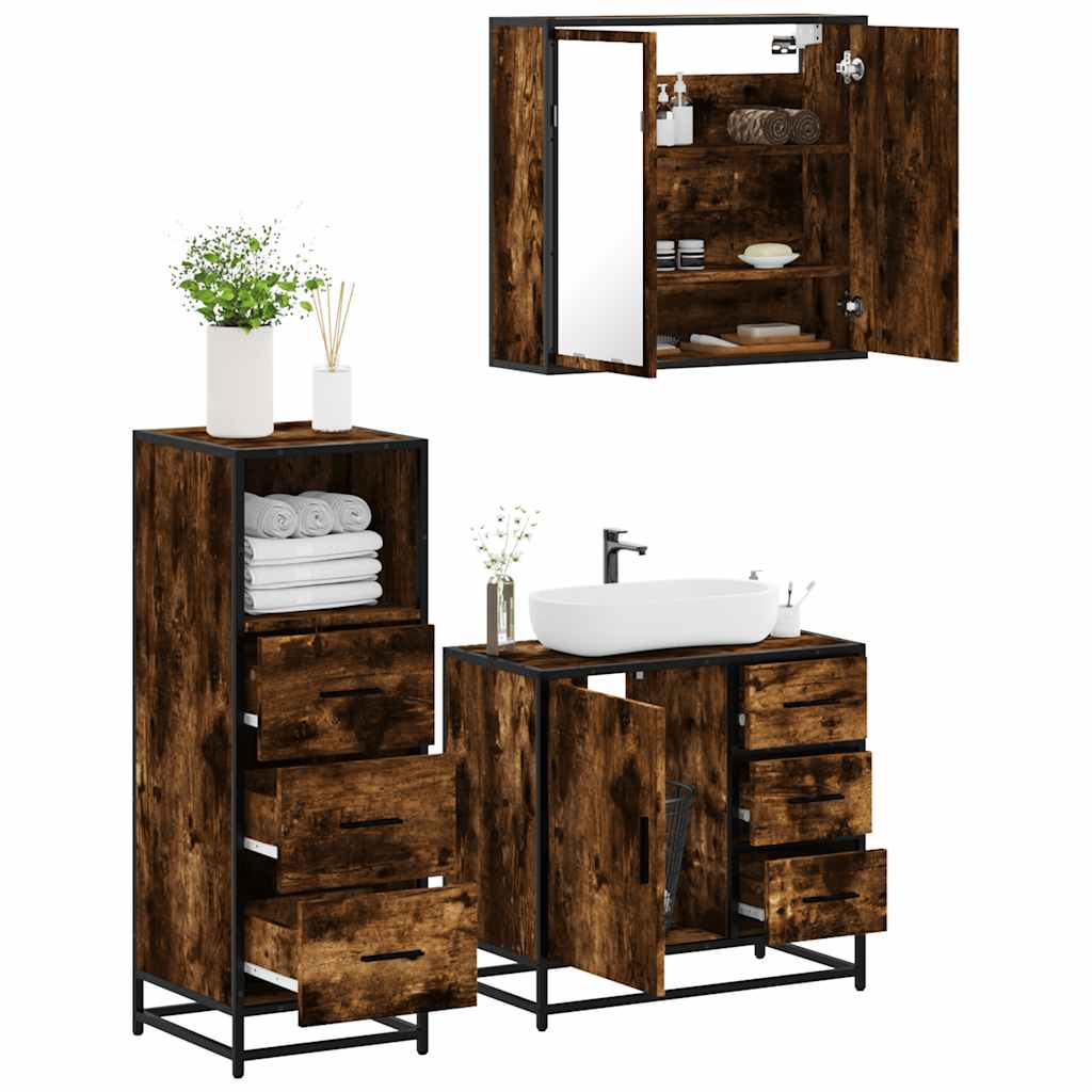 3 Piece Bathroom Furniture Set Smoked Oak Wood Based Material