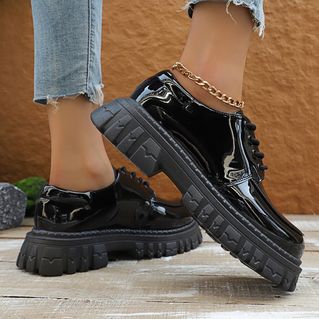 Fashion Black Platform Loafers for Women 2025 Autumn Thick Sole Patent Leather Dress Shoes Woman Non Slip Lace Up Oxfords Shoes