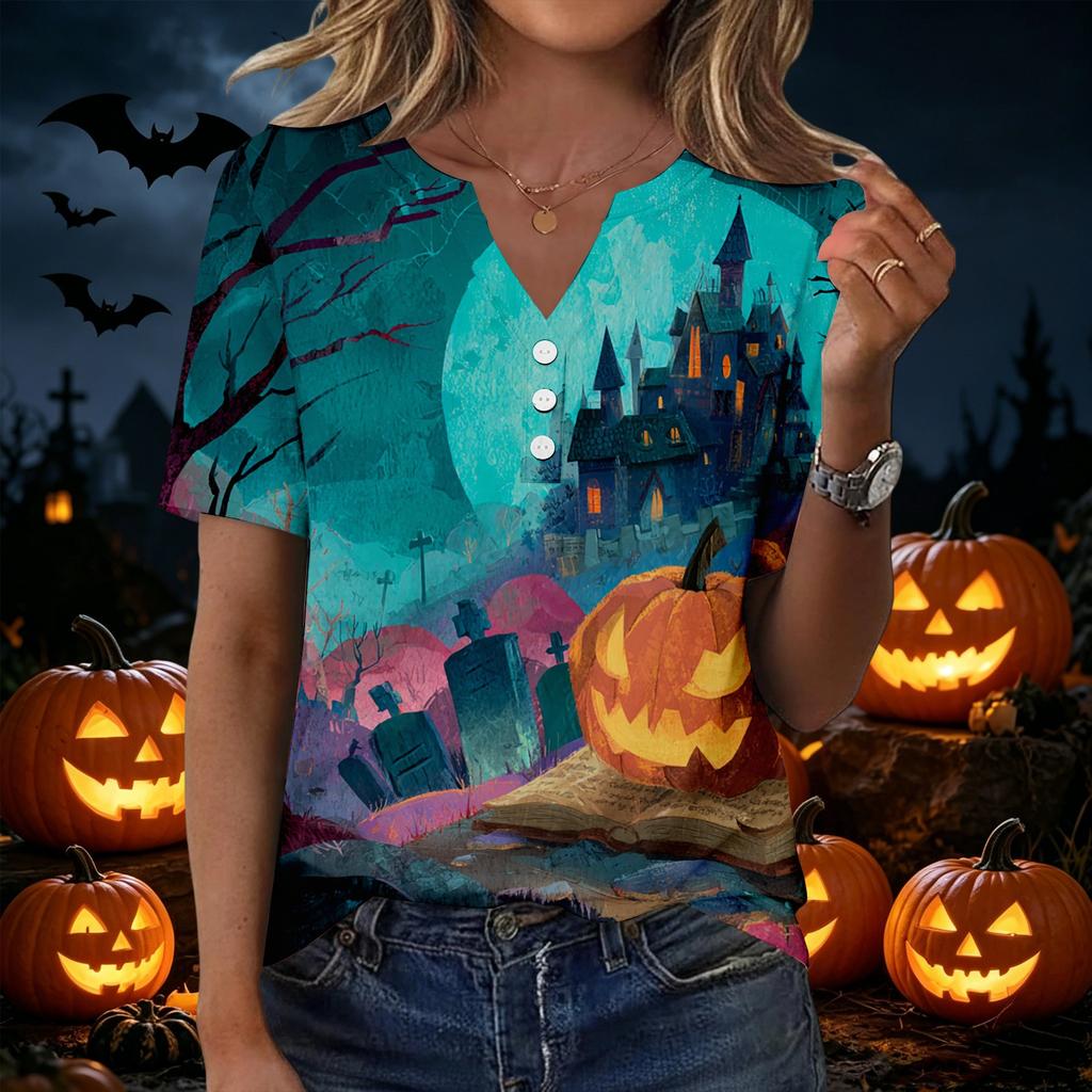Womens Casual Halloween Printed V Neck Short Sleeve Button Down T Shirt Top for Daily Wear Holiday Party Outfit