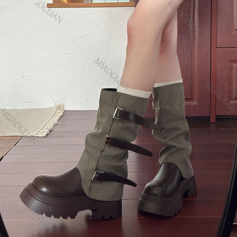 Mode Western Cowboy Mid-Calf Stiefel Damen Dicke Sohle Hosen Stacked Lang Ritter Botas Herbst Gürtelschnalle Retro Klobiger Absatz Schuh