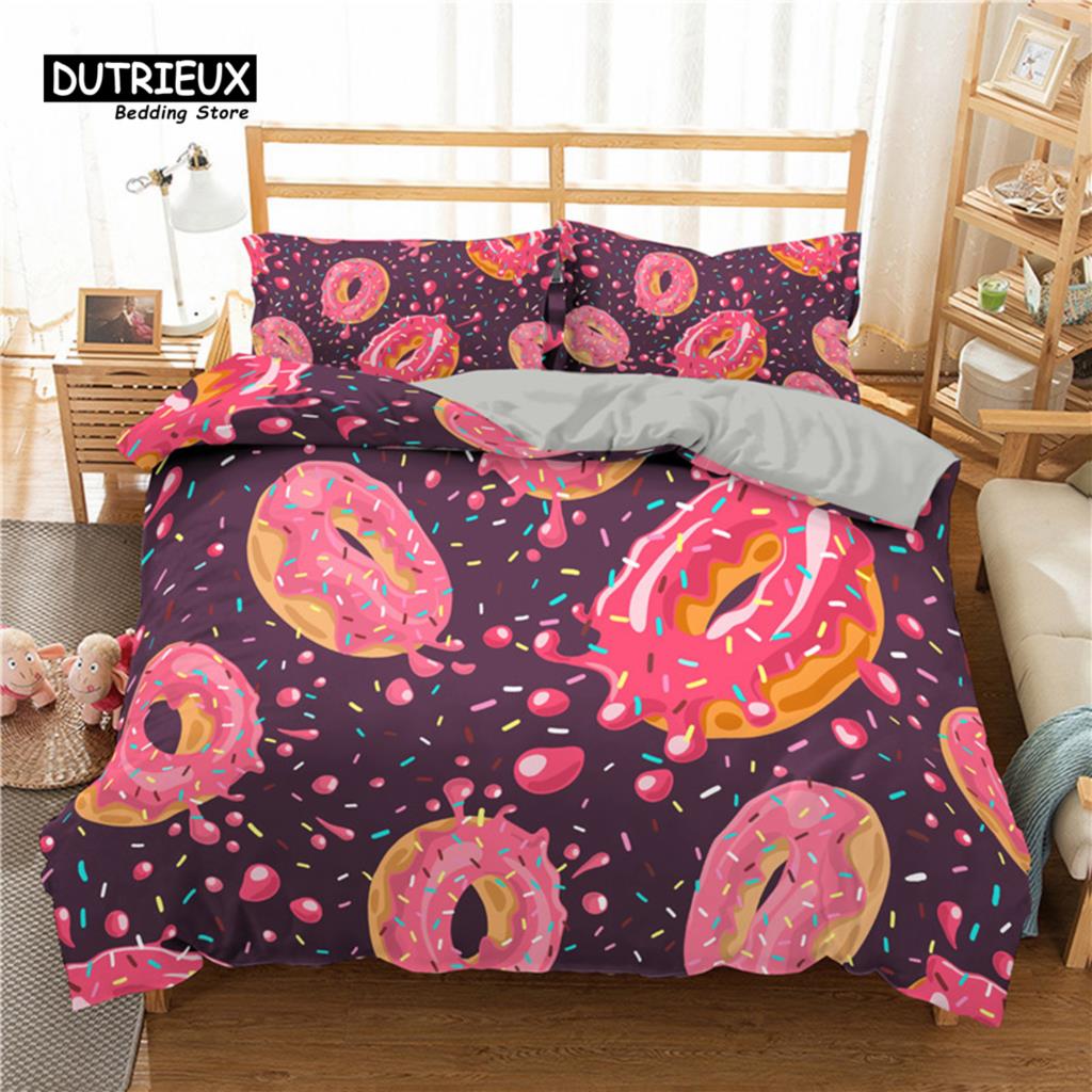 Soft Cute Donuts Duvet Cover Set Dessert Theme Bedding Set For Girls Boys Gifts Microfiber Funny Cartoon Tasty Foods Quilt Cover