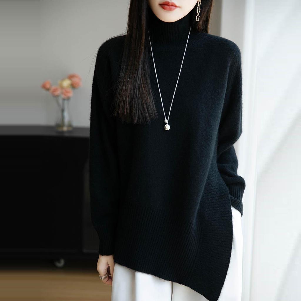 Pure Wool Seven-Stitch Thickened Sweater - Autumn/Winter, Long Sleeve, Half-High Collar with Irregular Slit.