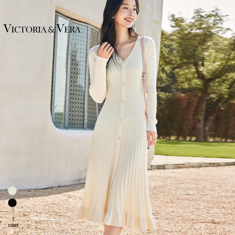 VICTORIA&VERA Women's Ribbed V-Neck Knit Dress