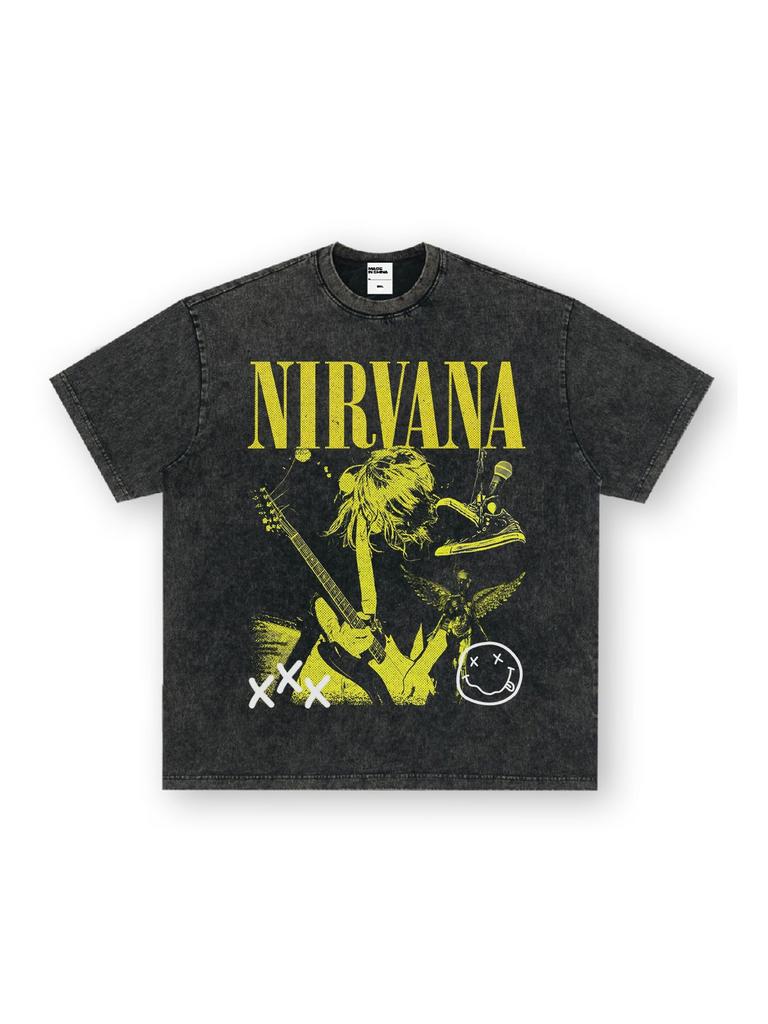 Maglietta a maniche lunghe band Nirvana vintage europeo e americano lavata effetto invecchiato maglietta a maniche corte Nirvana per uomo e donna