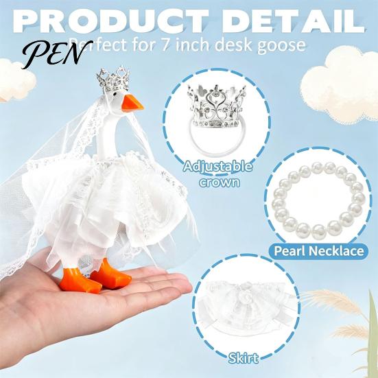 Wedding Dress for Goose Ornament 7 Inch Mini Outfit, Lace Tulle Bridal with Crown, Miniature Veil & Pearl Bracelet, Cute Figurine Costume Tabletop