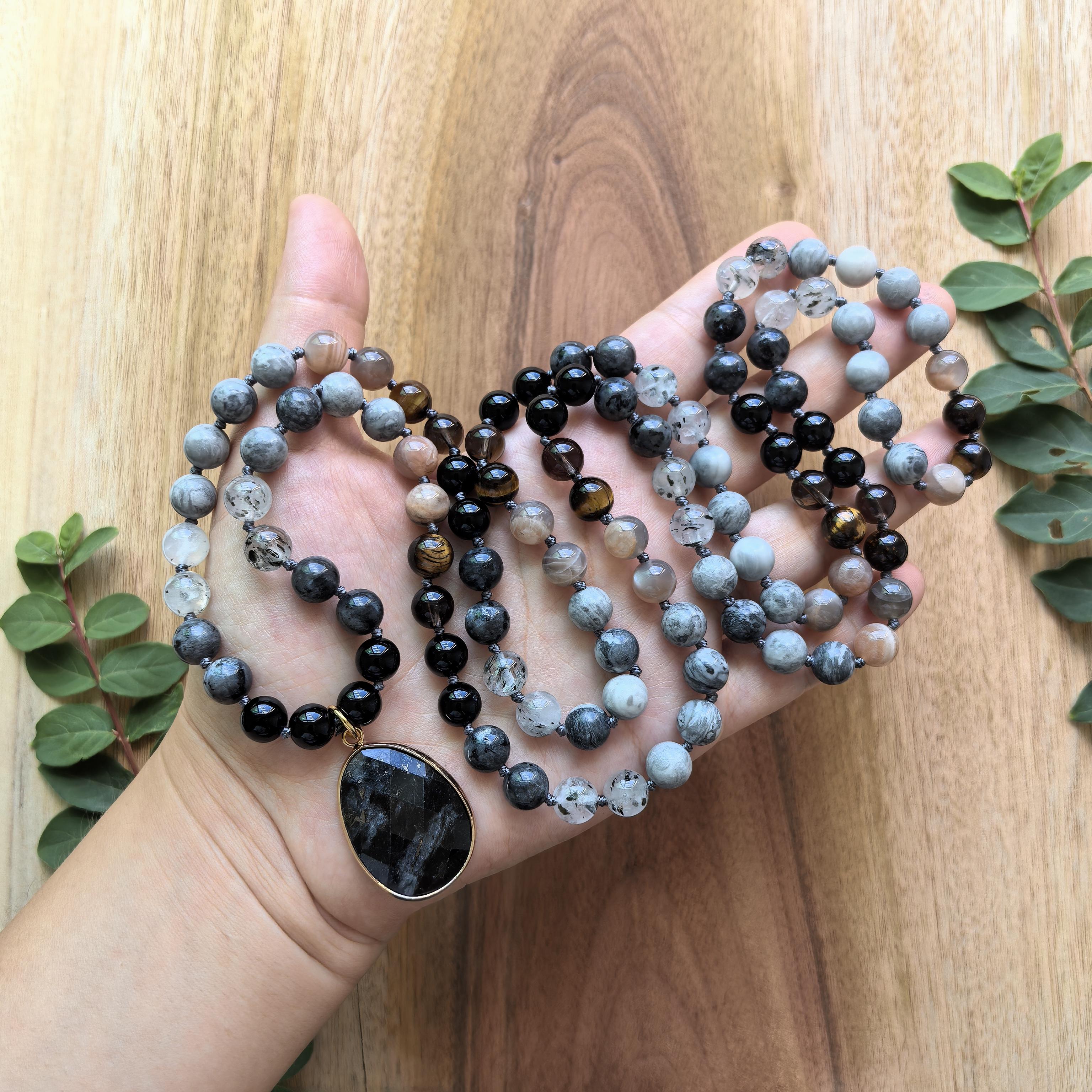 Gray Map Jasper,Tiger s Eye,Smokey Quartz Mala Necklace,108 Hand Knotted Meditation Necklace,Healing Crystals,Yoga Gift