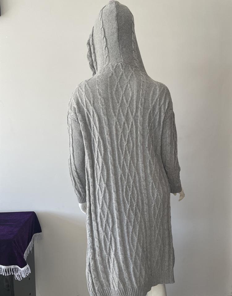 Plus Size Hooded Cable Knit Long Cardigan - European & American Casual Style