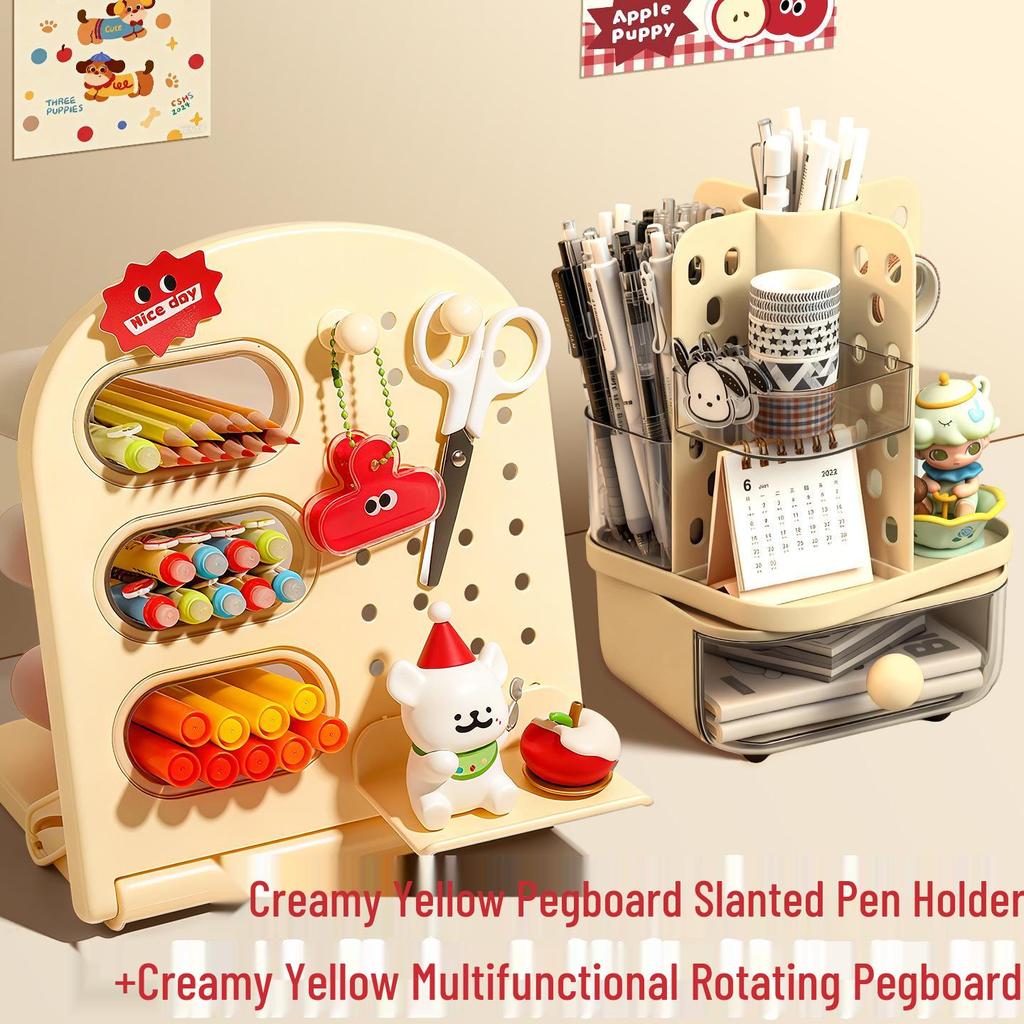 Slanted Pegboard Pen Holder & Large Capacity Desk Organizer for Students and Children