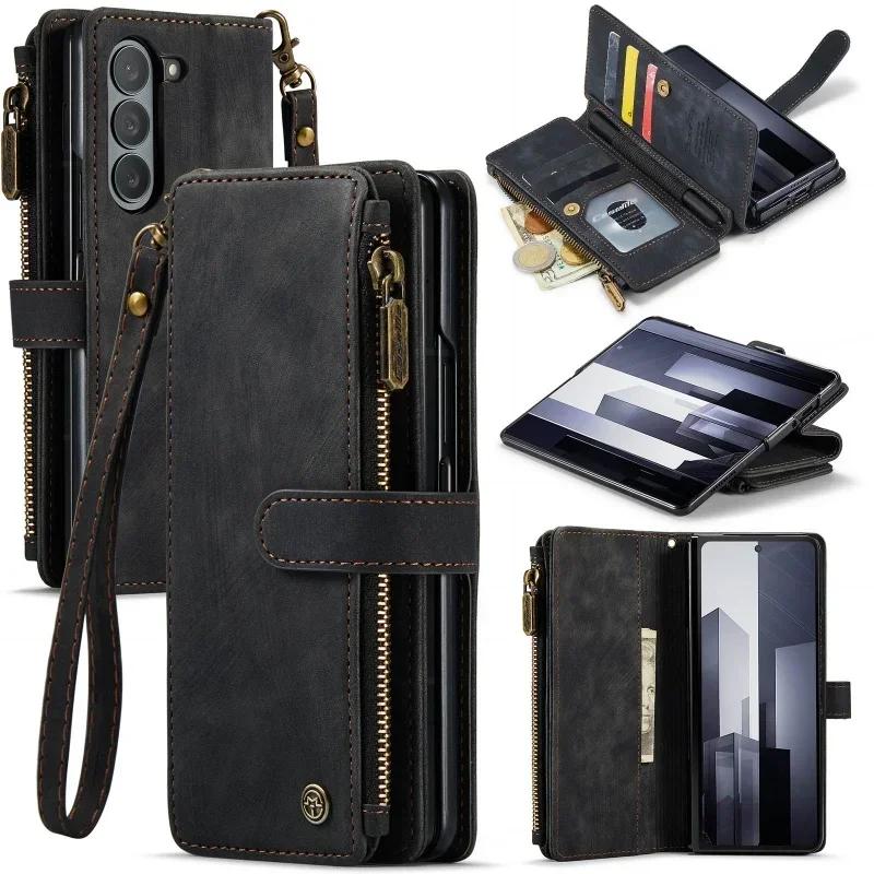 Portafoglio con Zip in Pelle Custodia per Telefono per Samsung Galaxy Z Fold 7 6 5 4 5G Fold7 Fold6 Fold5 Fold4 Portafoglio con Laccetto Scomparto per Carte Custodia