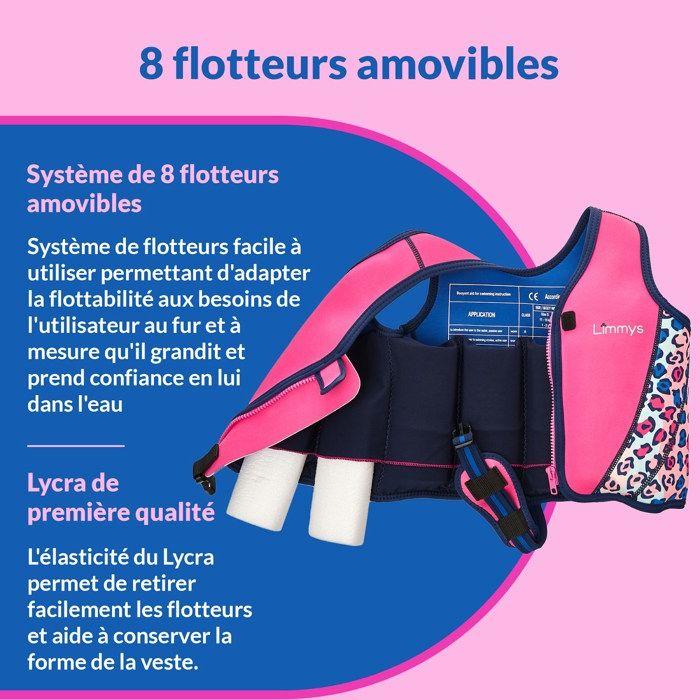 Limmys gilet de natation en néoprène premium - gilet de sauvetage pour enfants - 8 flotteurs amovibles - léopard rose - petit