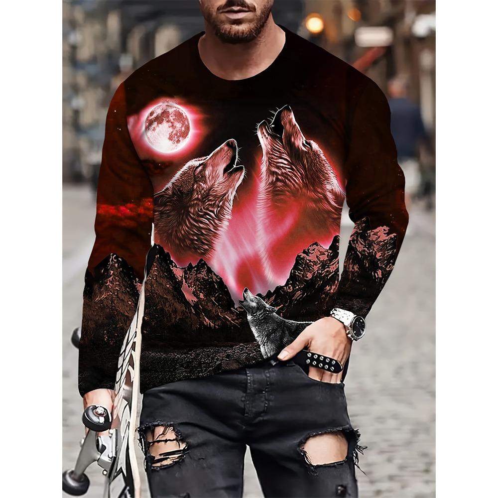 Animal Print Men's Long Sleeve T-shirt Spring And Autumn Men's Daily Casual Top 3D Wolf Print Men's Fashion Long Sleeve T-shirt