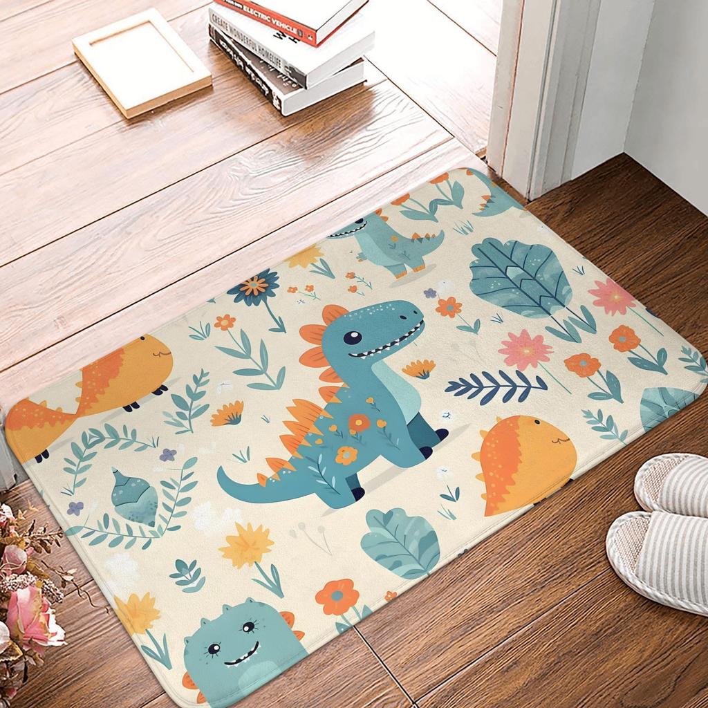 Dinosaur Floral Print Doormat Cream Blue Orange Illustrated Polyester Machine Washable Cold Water Only 80x50cm