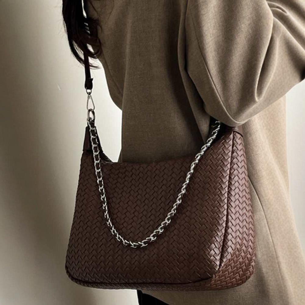 Autumn 2025 Women's Large Woven Crossbody Tote: Solid Color Handheld & Shoulder Bag