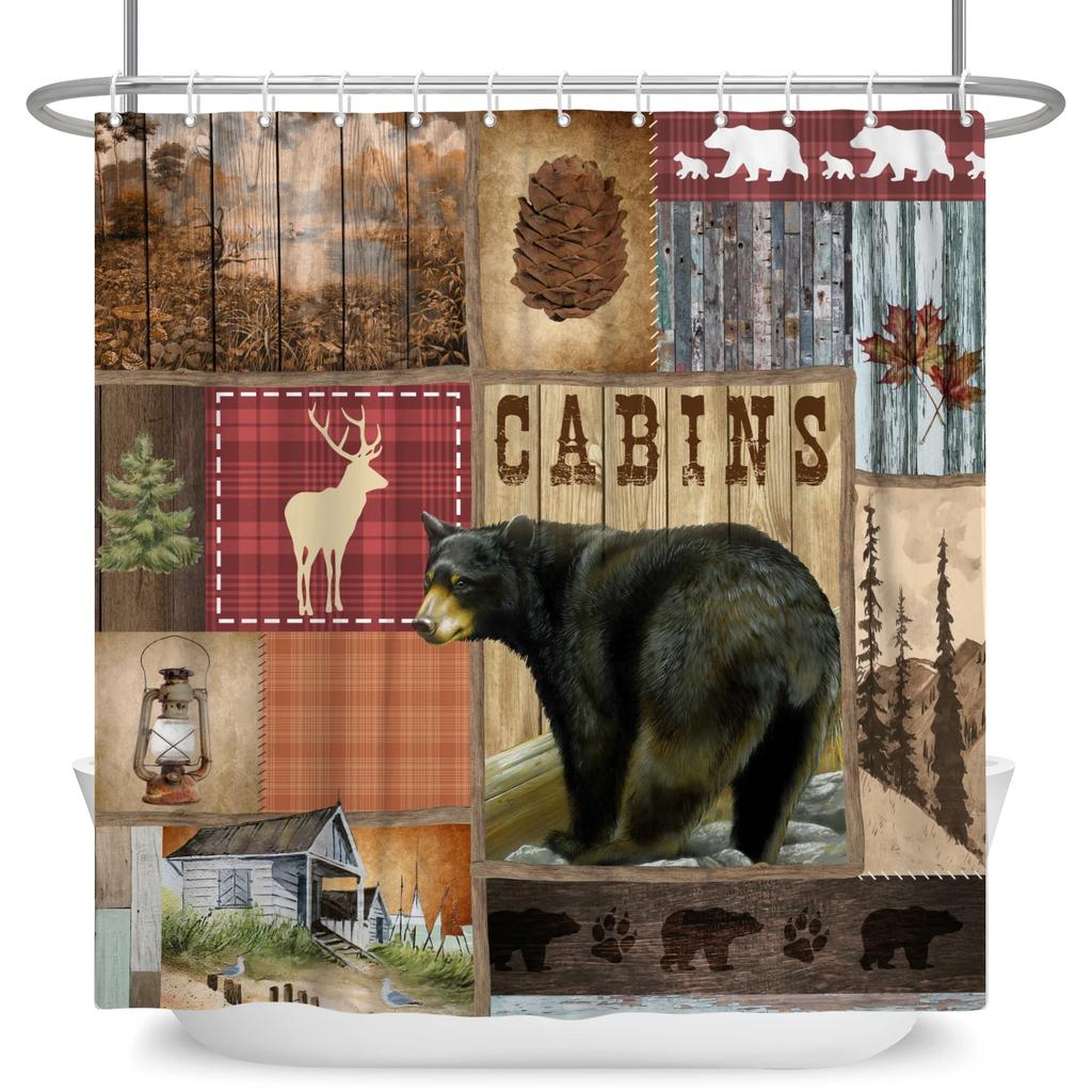 Rustic Cabins Shower Curtain Bear Deer Farmhouse Woodland Shower Curtains Set For Bathroom Decor Waterproof Fabric With Hooks
