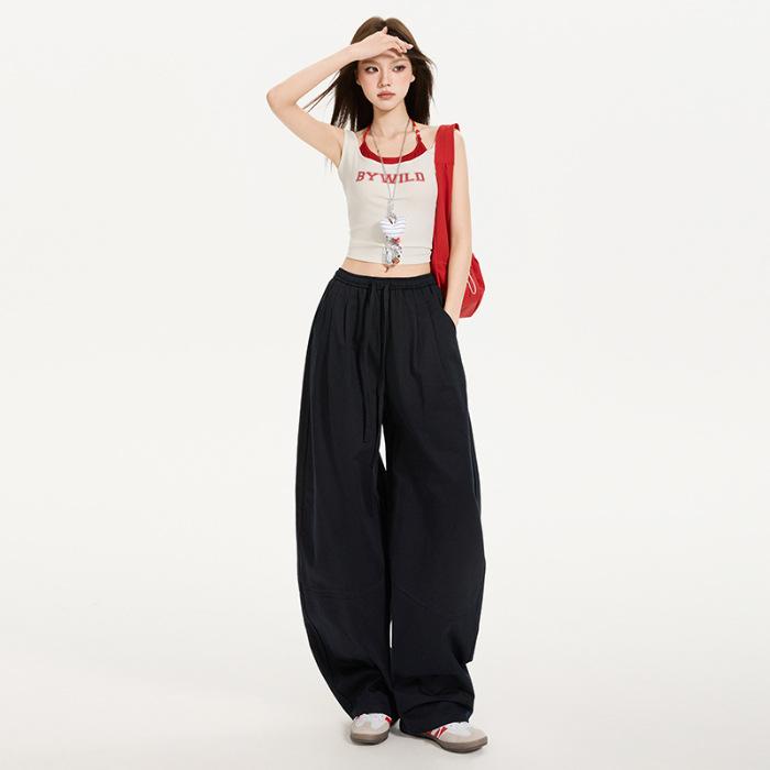American Retro Lace-up Summer Thin Fluffy Breathing Pants Milk Pants Air Casual Wide-leg Tooling Scimitar Pants