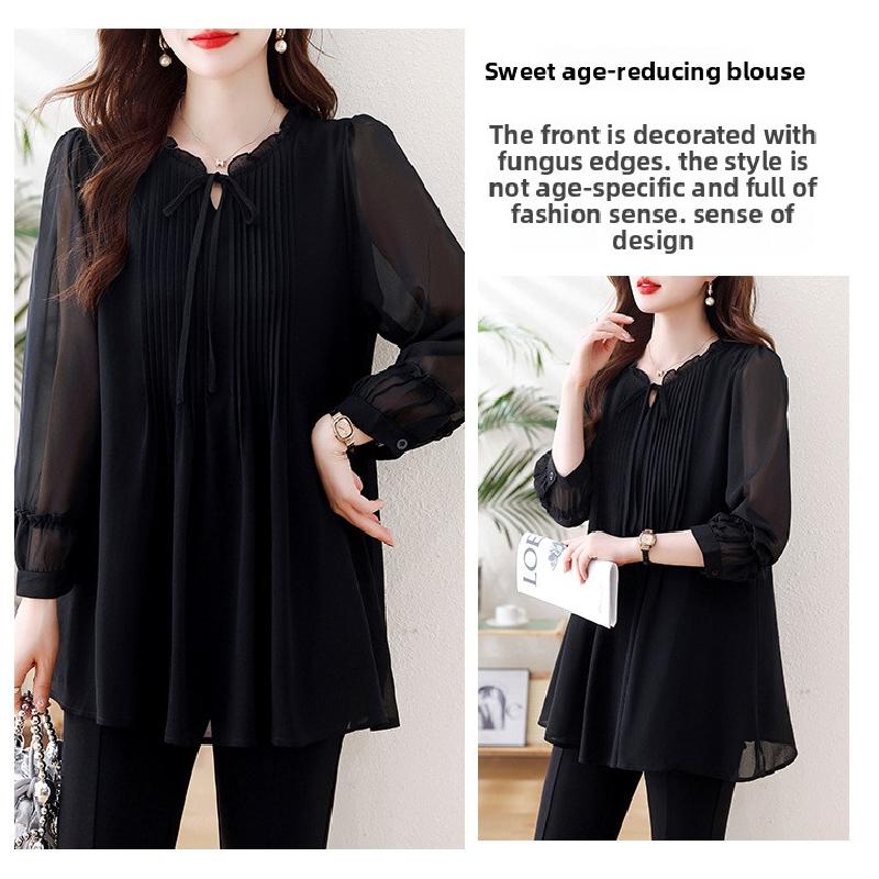 2026 Spring and Autumn New Large Size Tummy-Covering Slimming Top with Stylish Design, Chiffon Long-Sleeve Women's Top