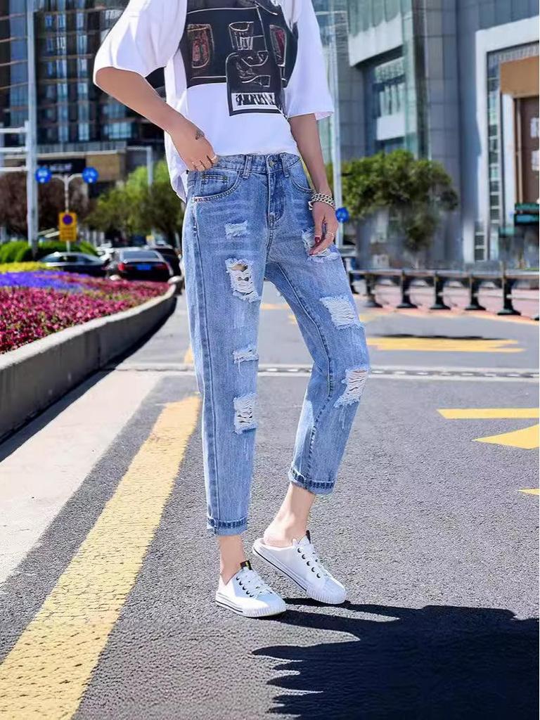 Women's 2024 Blue Ripped High Waist Straight Leg Jeans