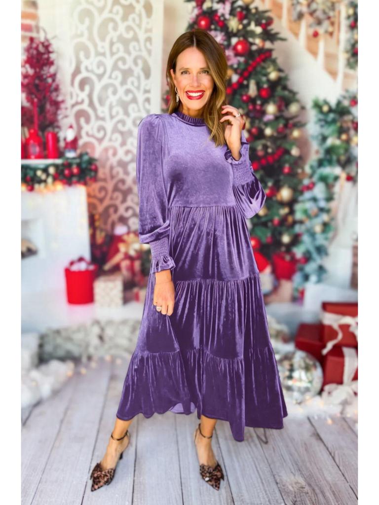 Plus Size V-Neck Velvet Ruffle Dress - European/American Style, Full Skirt, Multi-Layer, Loose Fit (2025)
