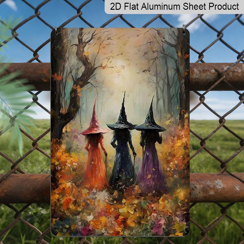 2D Flat Three Witches Autumn Forest Vintage Metal Sign - 8.0x12.0inch Aluminum Wall Art, Gothic Halloween Witch Decor for Home, Garden - Easy Install