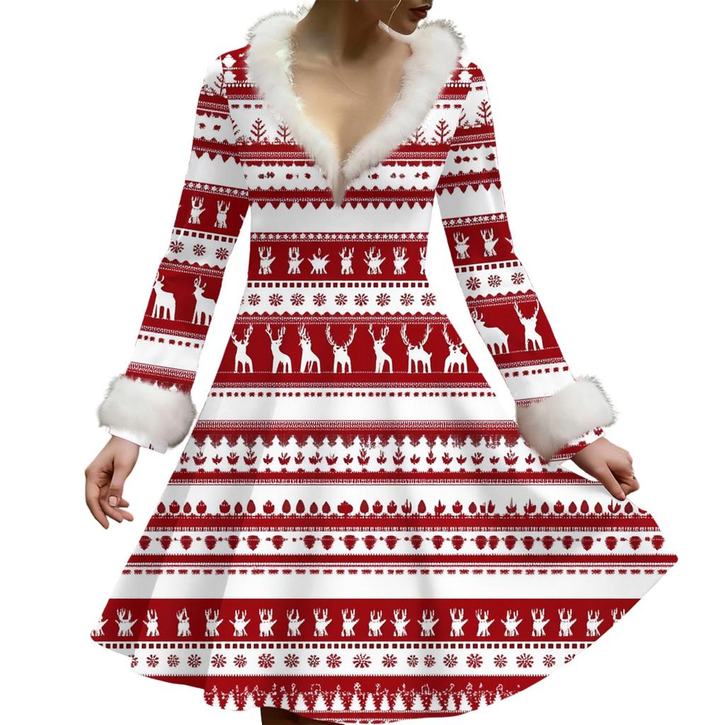 Women's Casual V-neck Christmas Print Plush Long-Sleeve Casual Dress