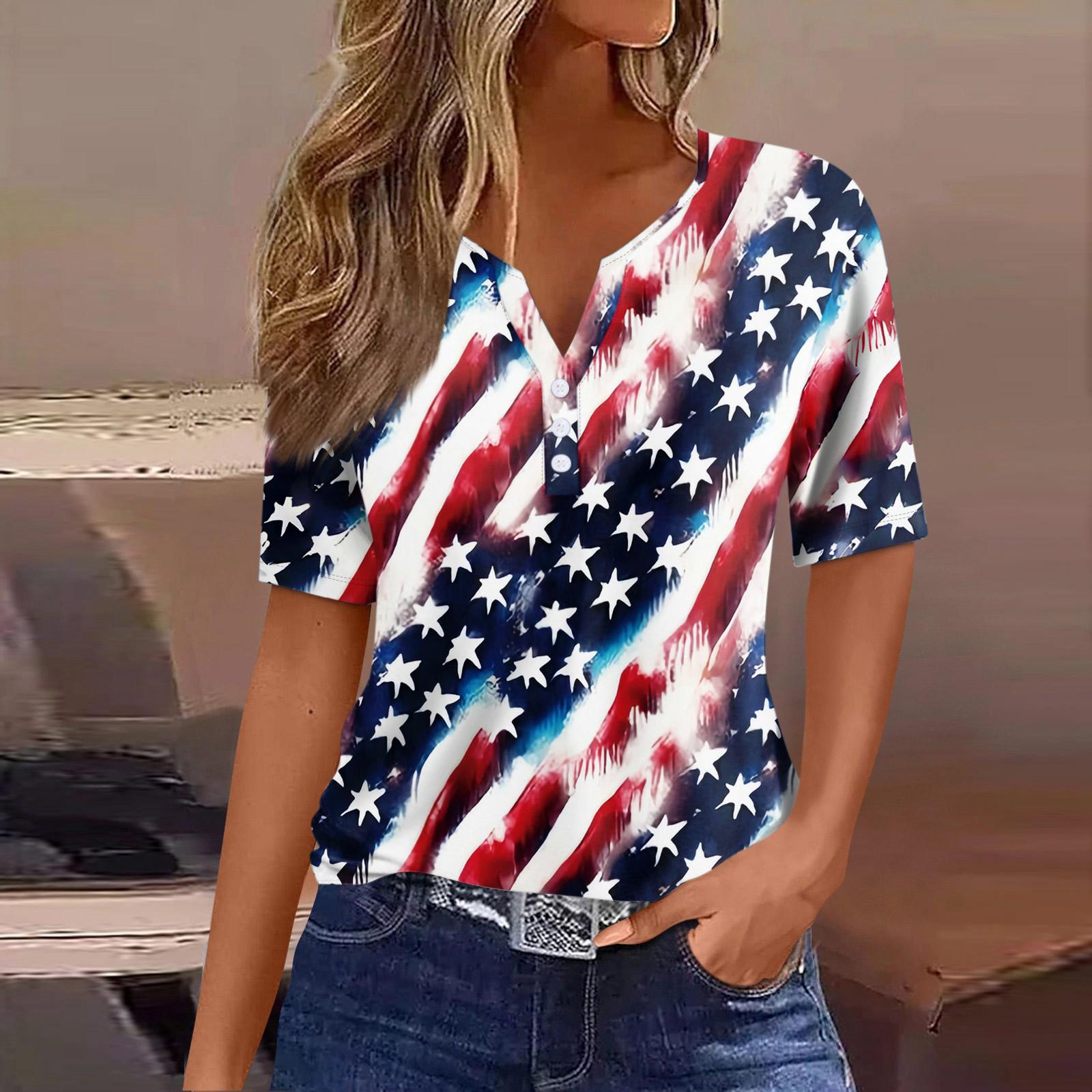 Women s Casual Independence Day Printed V-Neck Short Sleeve Embellished Button T-Shirt Top L