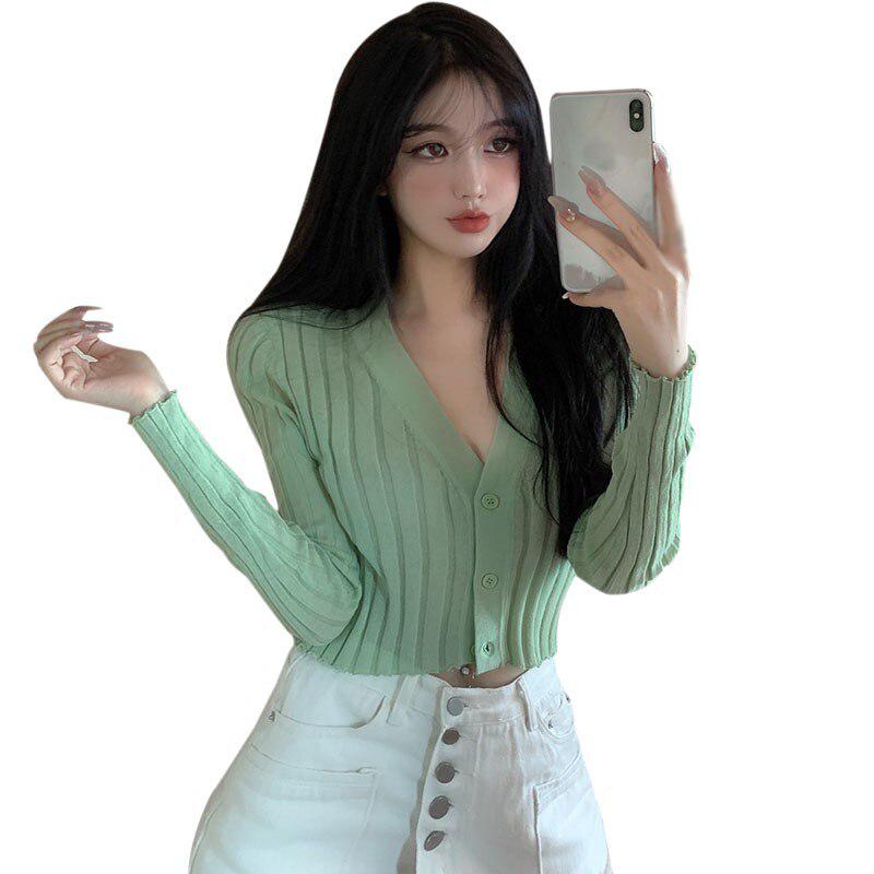 t-Shirt Summer Korean Version Of The Solid Color v-Neck Short Female Tshirt Slim Wild Knit Long-Sleeved Sun Crop Top