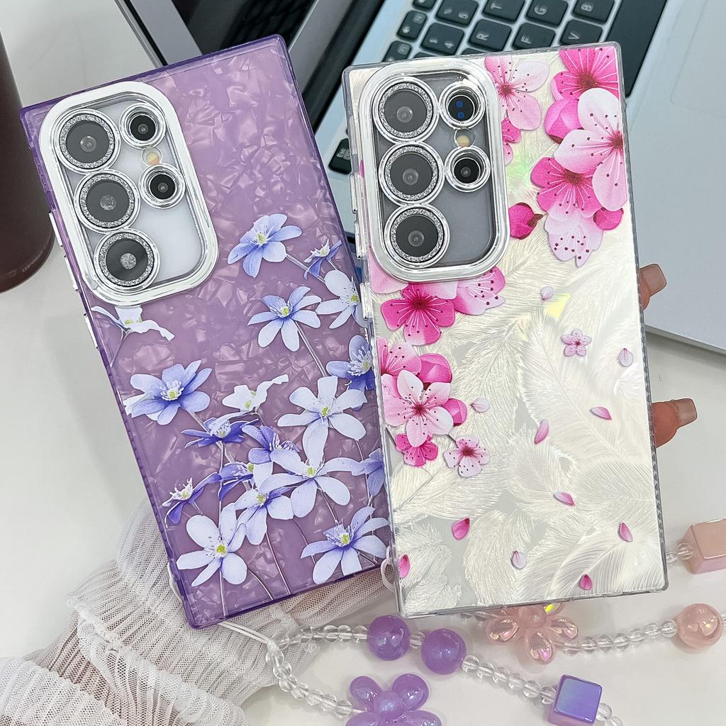 Suitable for Samsung S25 Ultra Mobile Phone Case Electroplated Flower and Grass S24FE with Bracelet Flash Powder Lens Film A56 Protective Case