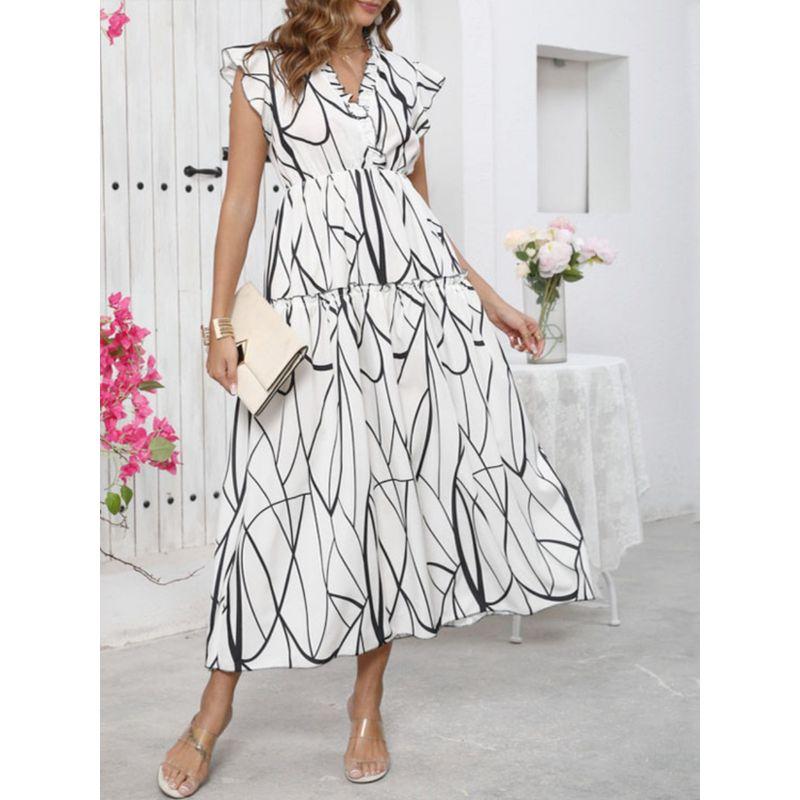 

New Arrival Fashion Style Fashion Elegant Dress Summer Amazon Print V-neck Flounce Large Swing Dress Women s Fashion White S
