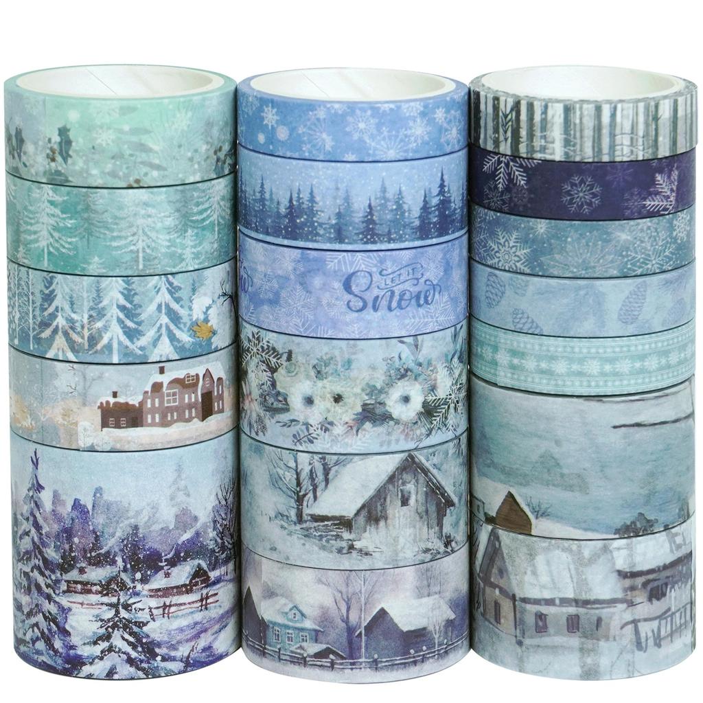 YUBX Winter Landscape Masking Washi White DIY Gift and Decoration Tape, 18-Piece Set, Blue, Tape, Snow, Crafts, Journals, Planners, Scrapbooking,