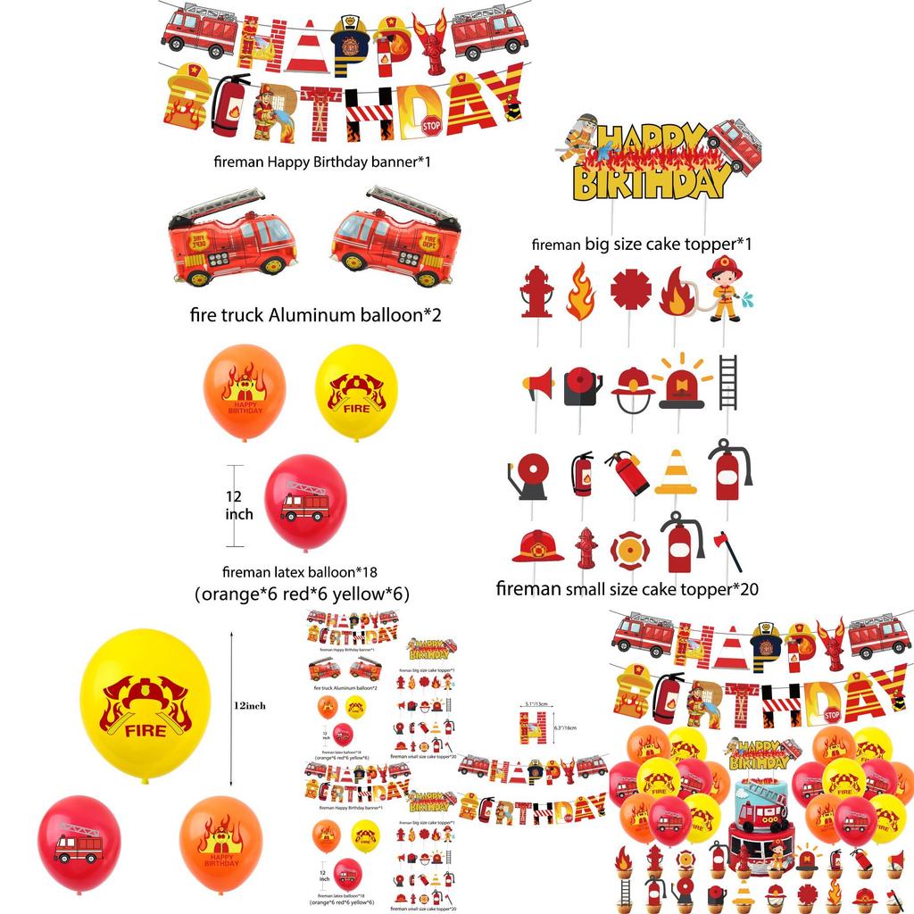 Fire Truck Aluminum Foil Banner Birthday Party Decoration Fireman Theme Cake Insert Balloon Pull Flag Set