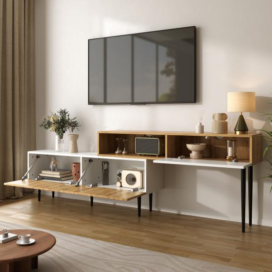 Modern TV Cabinet with Adjustable Length, Modular 2-Piece Design, Wood Look, Matt White, Black Metal Legs, Multifunctional Living Room
