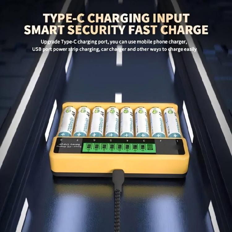 8 Slot Fast Brilliant Charger LCD Screen Type C Port Overcharge Security For Rechargeable Batteries