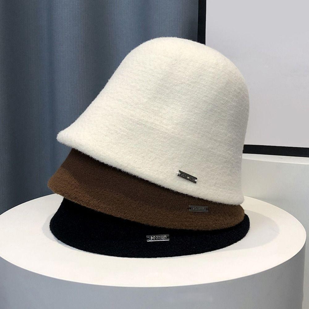 Solid Color Woolen Basin Hat Plush Bucket Hat Retro Fisherman Hat  Women