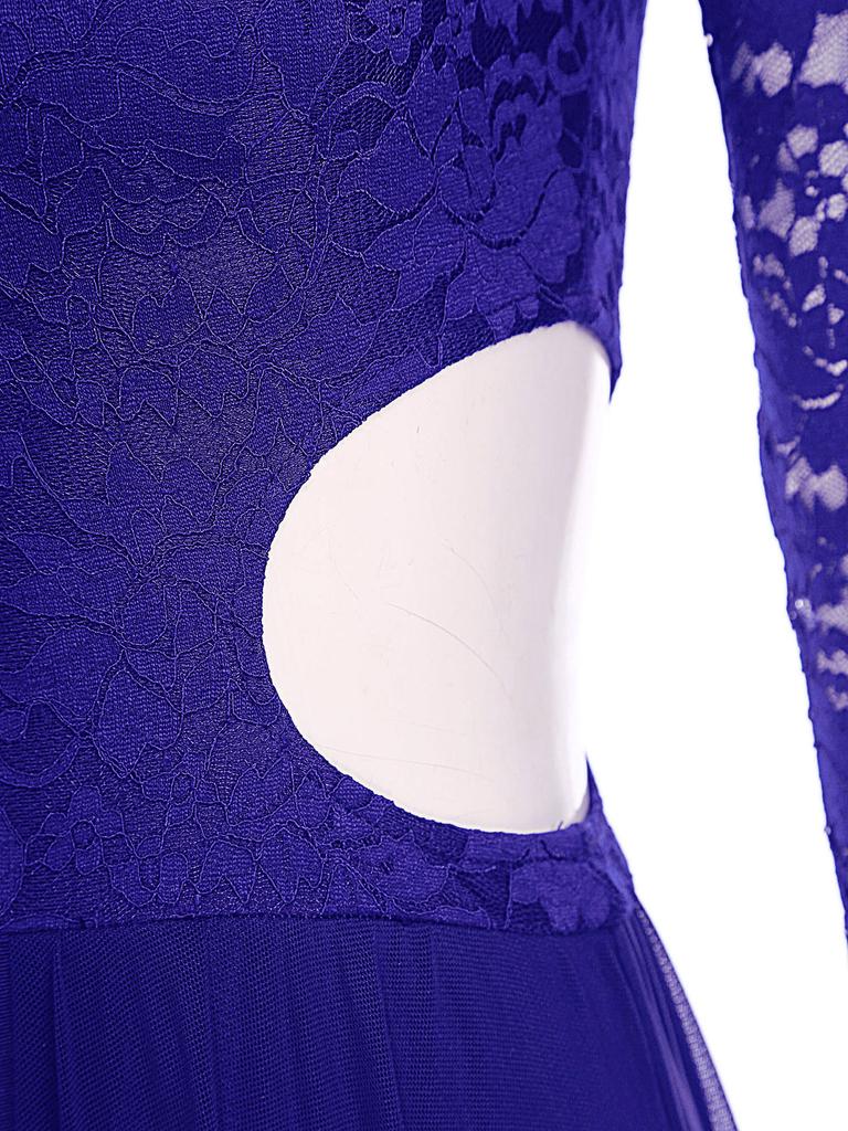 Damen Patchwork Floral Spitze Lyrisches Tanzkleid Langarm Taille Seiten Ausgeschnitten Rückenfrei Fließendes Netz Performance-Kleid